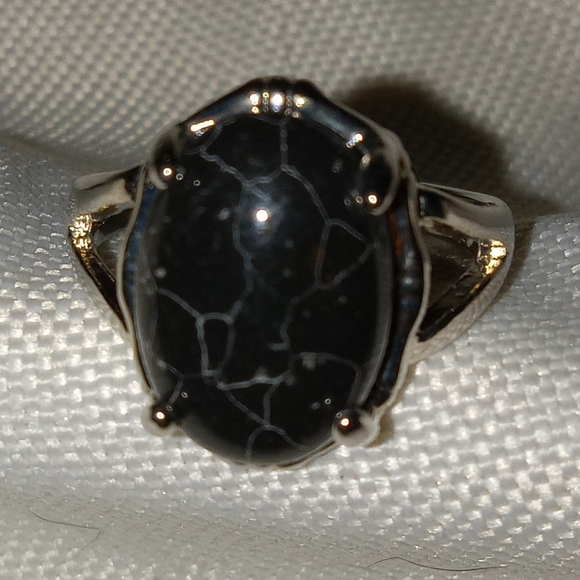Goth Natural Stone Black And Silver Plated costume ring 💍size 7 - Picture 4 of 7